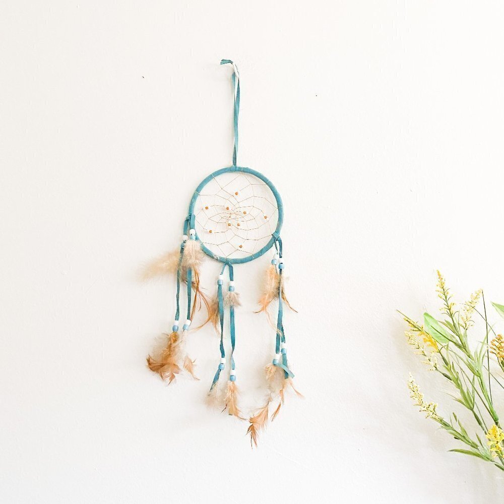 DREAMCATCHER Blue Boho Beaded Feathered Decor